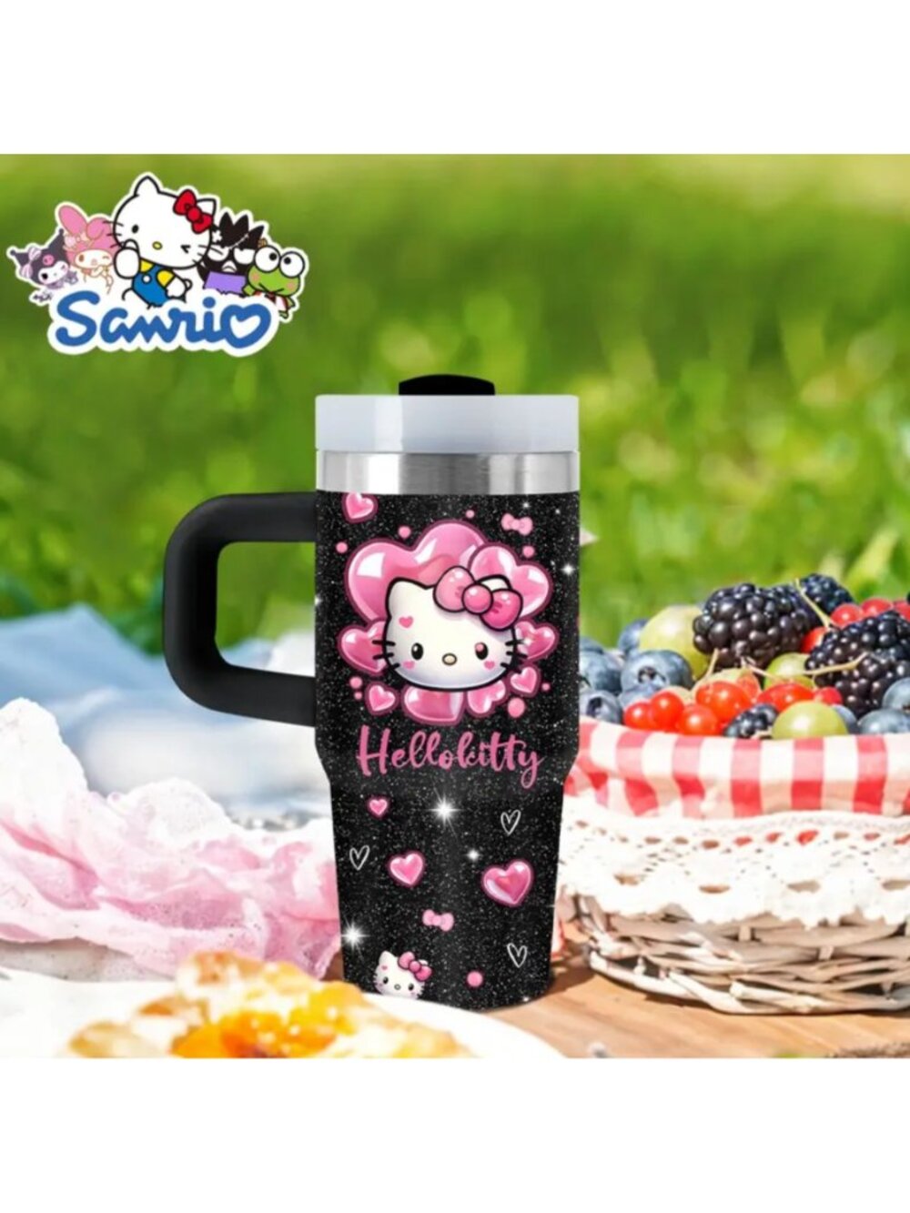 Hello Kitty Black Glitter 14oz Stainless Steel Travel Mug with Handle |nsulated